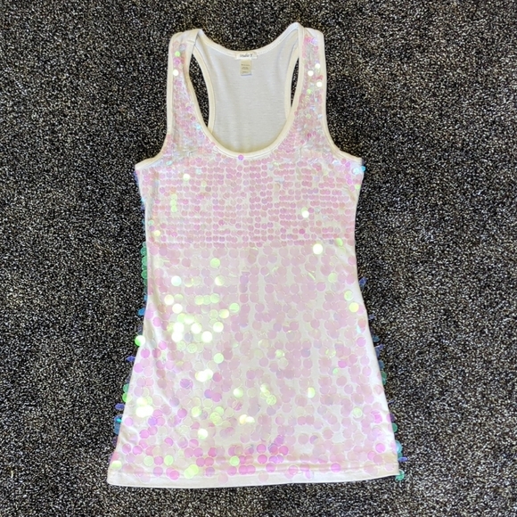 Studio Y Tops - Studio Y Women's Small White Sequin Tank Top Sleeveless Racerback Party Blouse S